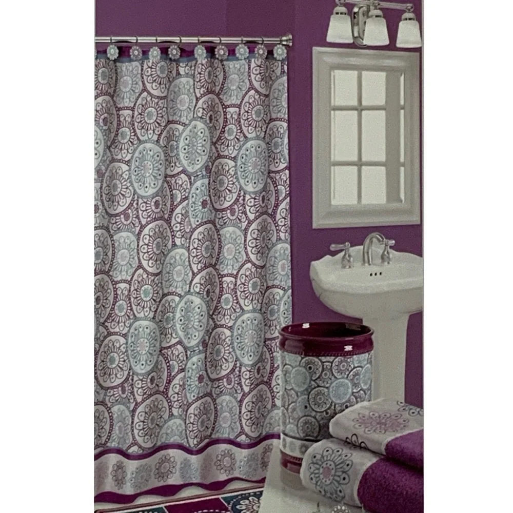 Dream Wheels Fabric Material Shower Curtain 70in X 72 in Purple Teal White